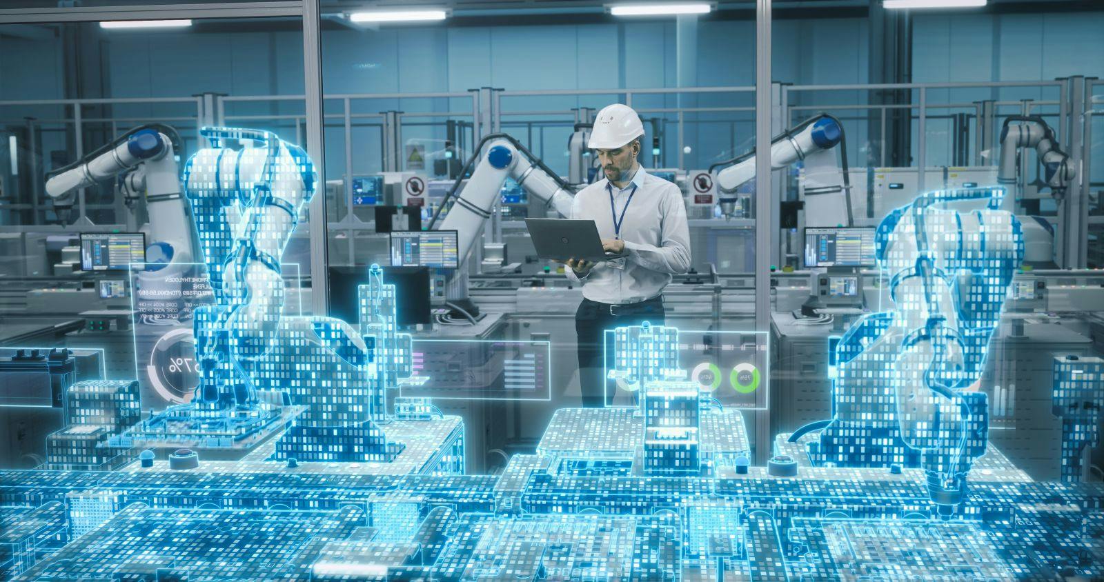 Caucasian Engineer Standing in an Industrial Facility, Using Laptop at an Electronics Factory. Modern Production Conveyor Belt Highlighted with Digital Infiormation, Visualizing Computer Vision