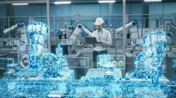 Caucasian Engineer Standing in an Industrial Facility, Using Laptop at an Electronics Factory. Modern Production Conveyor Belt Highlighted with Digital Infiormation, Visualizing Computer Vision
