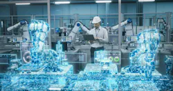 Caucasian Engineer Standing in an Industrial Facility, Using Laptop at an Electronics Factory. Modern Production Conveyor Belt Highlighted with Digital Infiormation, Visualizing Computer Vision