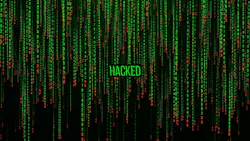 Matrix background with the green symbols with the word HACKED in the center written in bright green