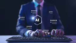 Digital marketing artificial intelligence and 5 stars rating review. Online customer feedback survey, service quality satisfaction, smart business strategy, and best ranking experience concept.
