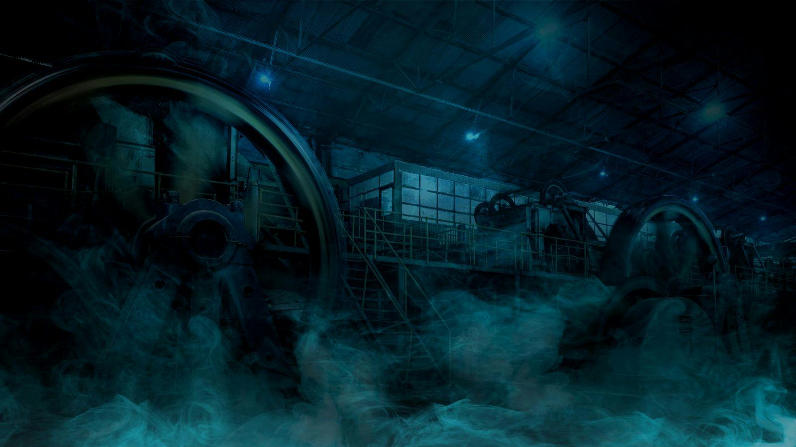 Haunted factory building in the night. Scary Halloween background concept