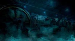 Haunted factory building in the night. Scary Halloween background concept
