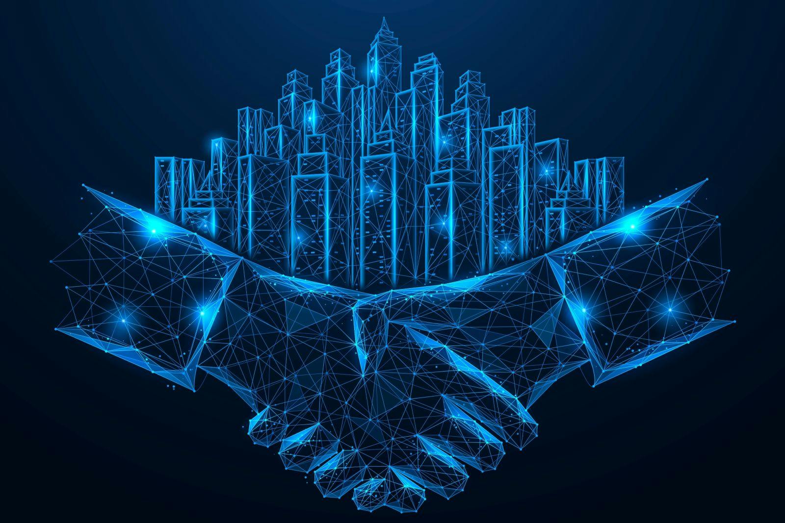 Digital partnership. A handshake from which the buildings of a modern city grow. The concept symbolizes the future of smart cities built on collaboration and partnership.