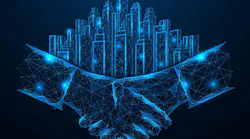 Digital partnership. A handshake from which the buildings of a modern city grow. The concept symbolizes the future of smart cities built on collaboration and partnership.