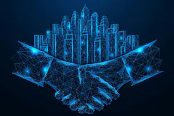 Digital partnership. A handshake from which the buildings of a modern city grow. The concept symbolizes the future of smart cities built on collaboration and partnership.